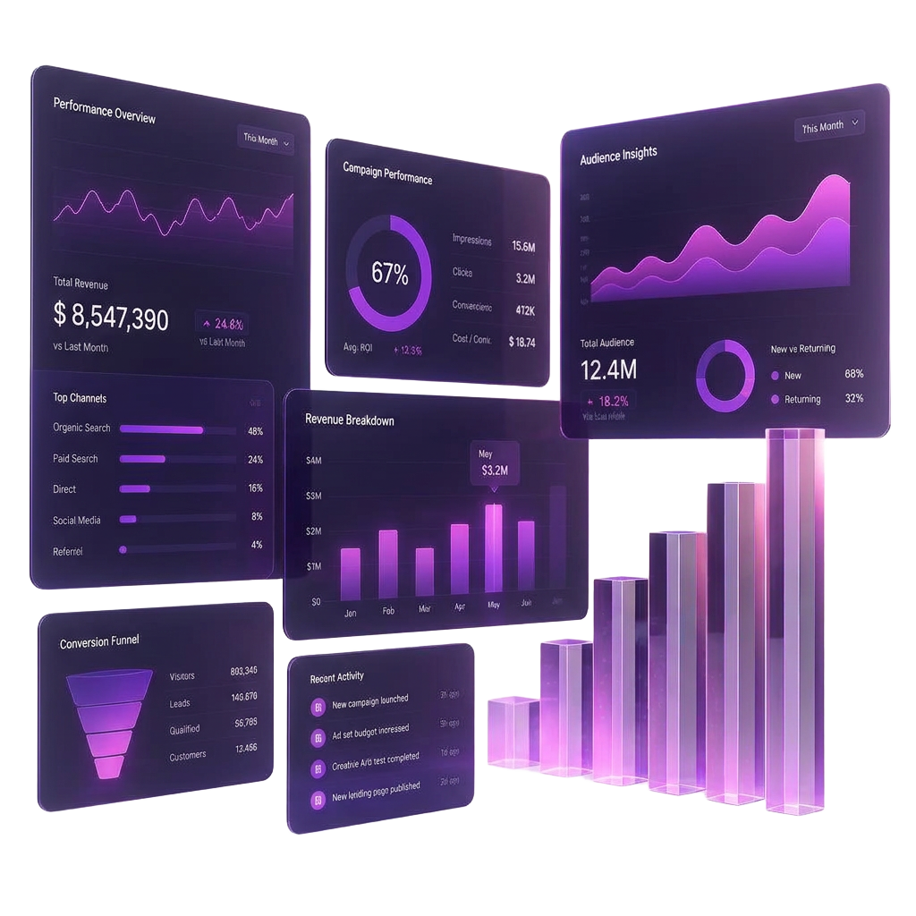 Animated dashboard visual showing campaign performance and revenue growth